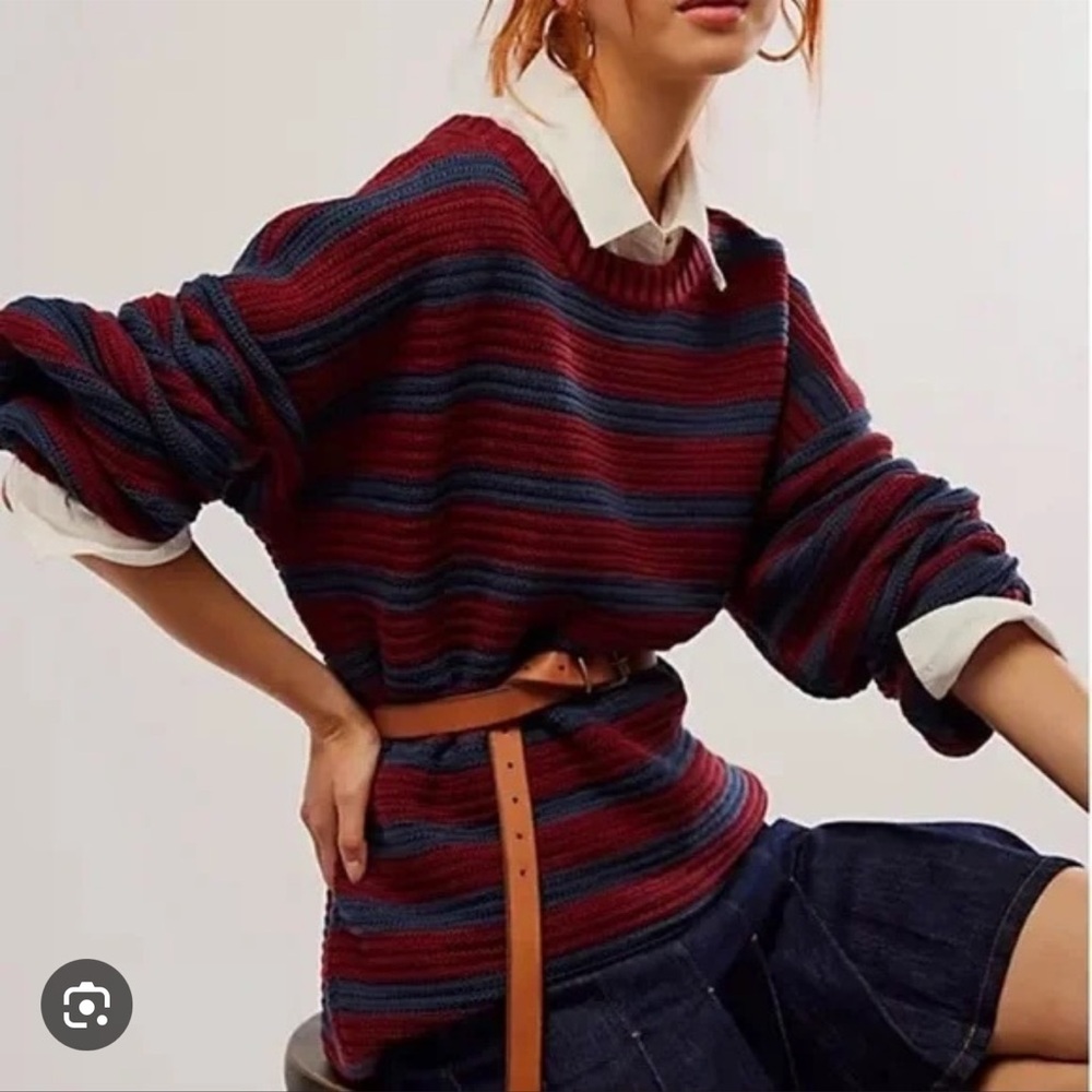 Free People Ribbed Striped Sweater in Burgundy and Navy